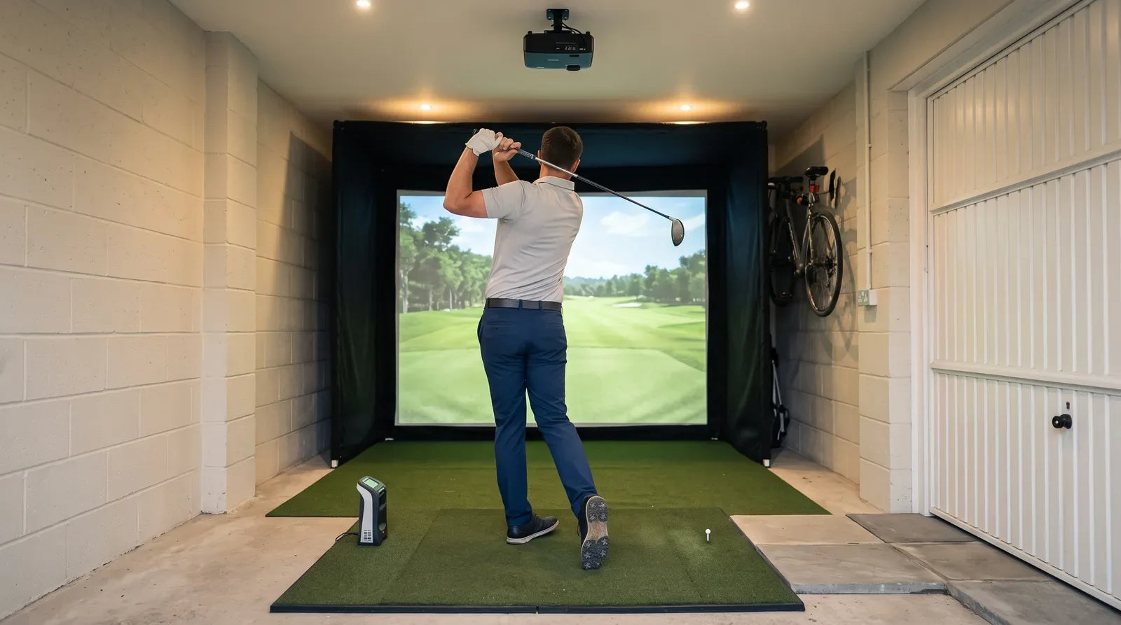 A golfer finishes his swing in a home golf simulator built into a British garage, facing a large impact screen showing a fairway